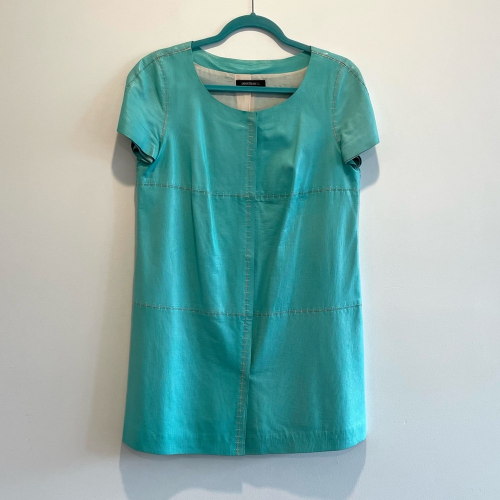 Lafayette 148 Leather Turquoise Stitched Trapeze Short Sleeve Dress Size 6 NWT